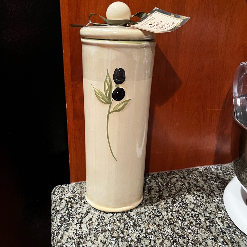 Tall Cream Ceramic Canister with Olive Design